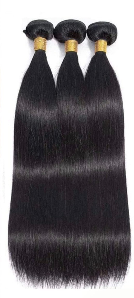 Three bundles of straight premium virgin human black hair extensions near west end of Atlanta  at our Best Sew In Atlanta Location on a white background